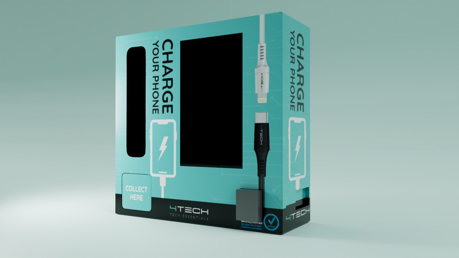 Side view of the 4Tech Charge Your Phone wall unit in teal branding, showing the touchscreen, product window, Collect Here hatch and 4Tech Tech Essentials wordmark
