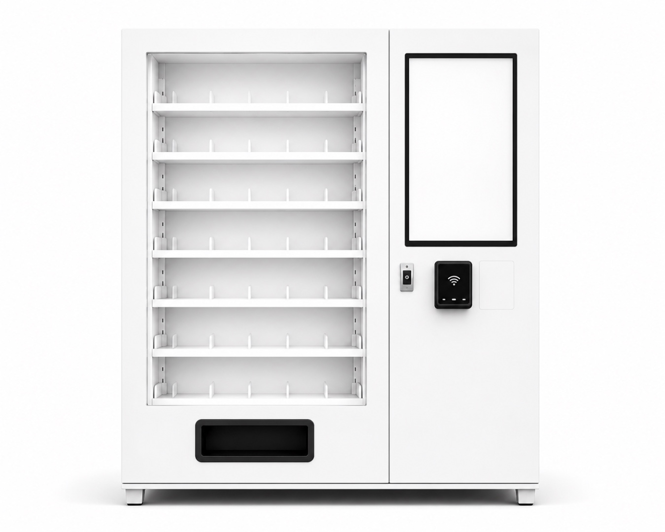 A Wandervend vending machine with open product shelves and a vertical touchscreen, ready to stock and test real products