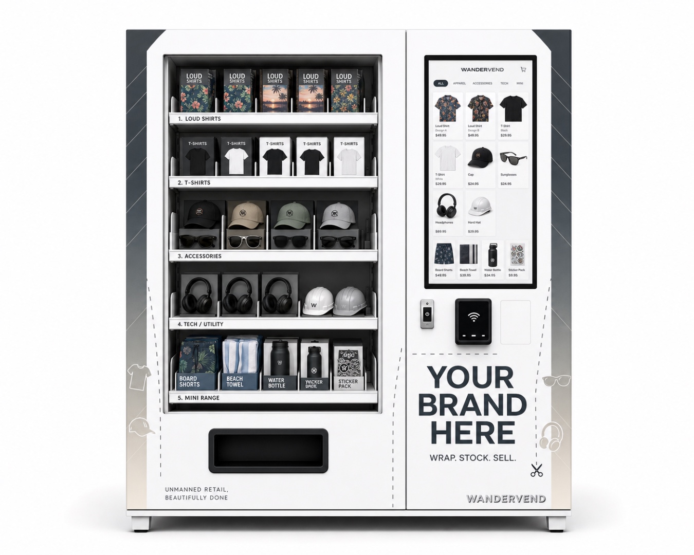 A Wandervend machine fully wrapped and stocked with a brand's own range — loud shirts, tees, caps, sunglasses, headphones and accessories — with a touchscreen catalogue and the words Your Brand Here, Wrap Stock Sell